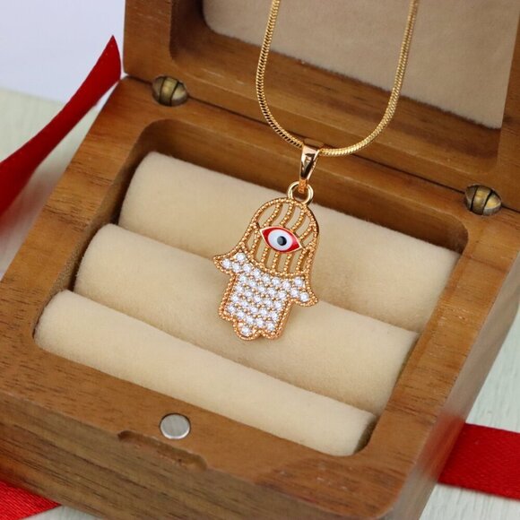 "Rose Gold Hamsa Hand Pendant with Evil Eye and Sparkling Stones, XPPT1386 - Picture 6 of 13
